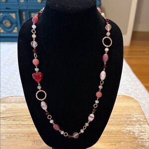 Vintage Gold Tone Pink Beaded Heart Long Statement Necklace